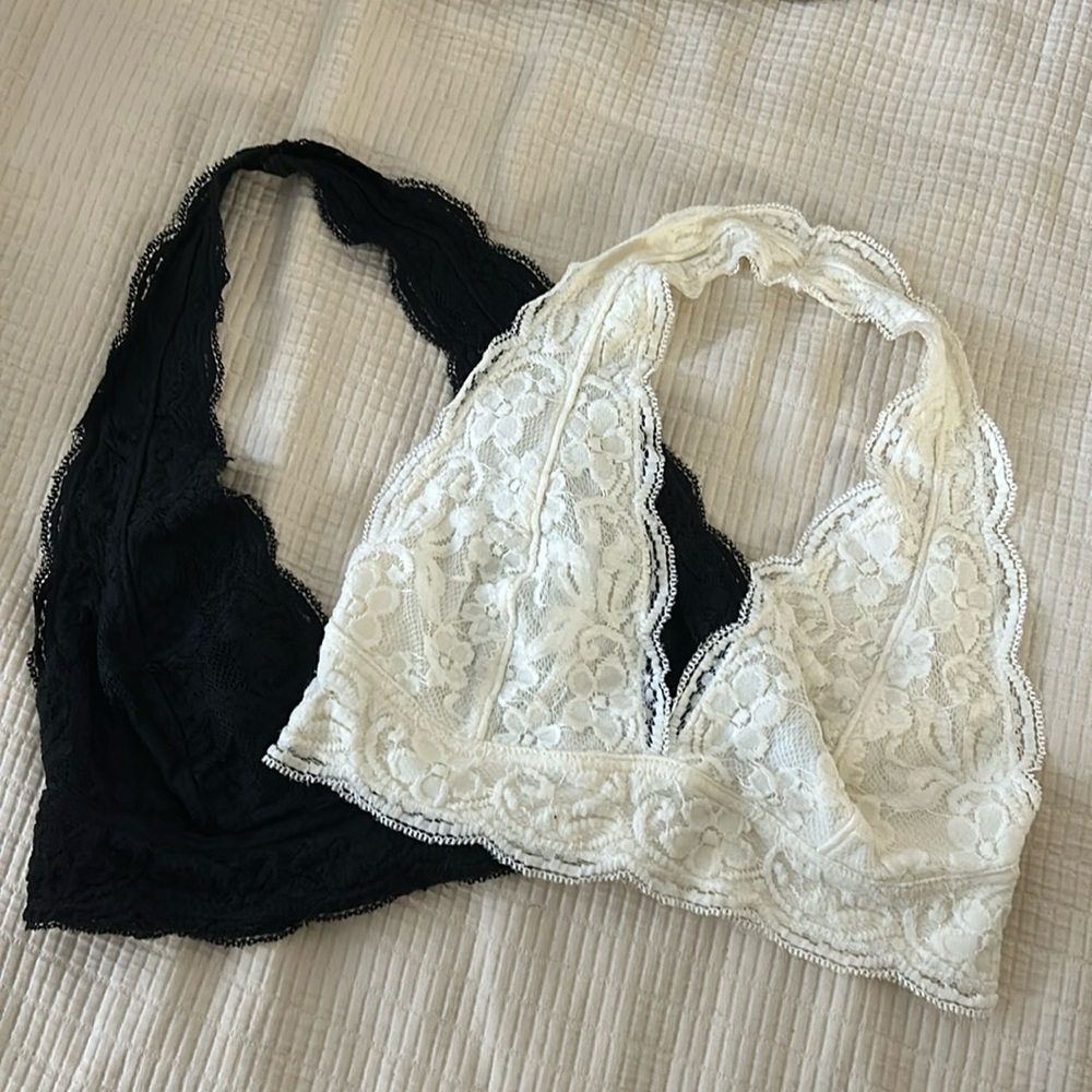 Urban outfitters lace bralettes (two; black and cream)